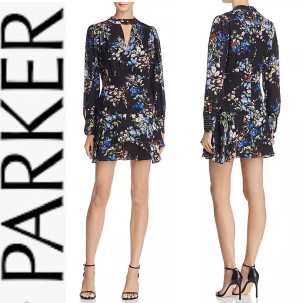 Parker Chrissy Black Floral Silk Beaded Dress 0